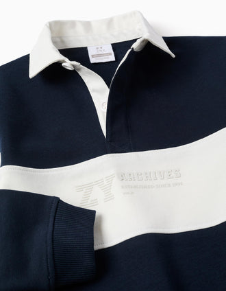 Sweat com gola polo e bloco de cores para menino, branco/azul-marinho