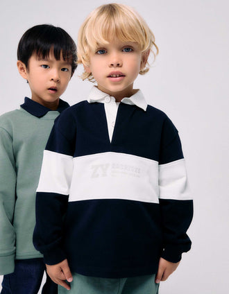 Sweatshirt with polo collar and colour block for boys, white/navy blue