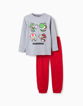 Pijama de manga comprida de algodão Super Mario para menino, cinza/vermelho