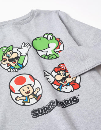 Pijama de manga comprida de algodão Super Mario para menino, cinza/vermelho