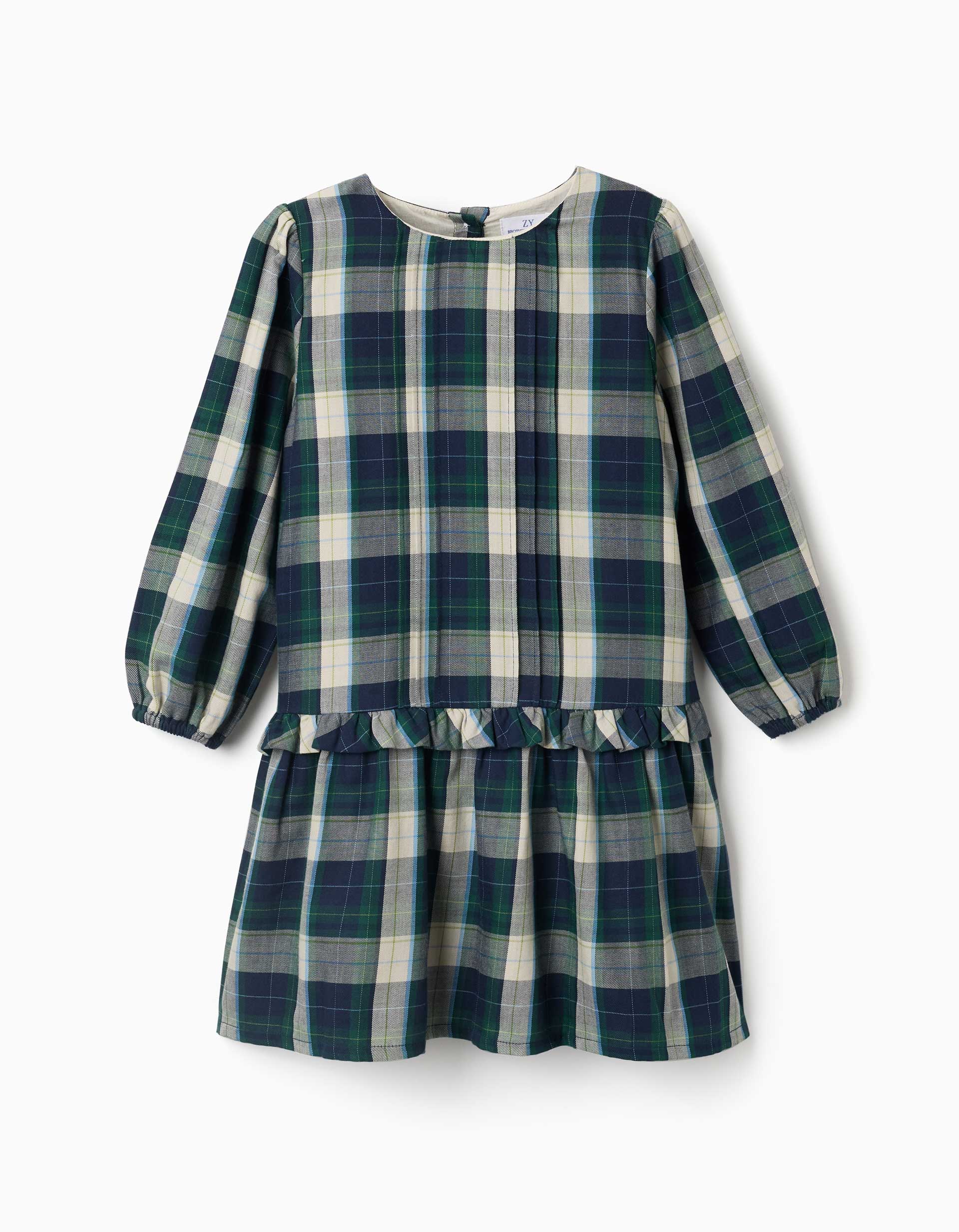 Checked cotton dress with pleats B&S for girls, blue/green/beige