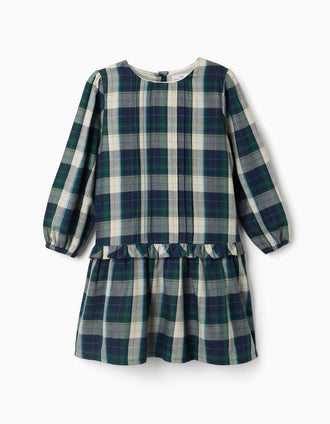 Robe en coton à carreaux avec plis B&S pour fille, bleu/vert/beige