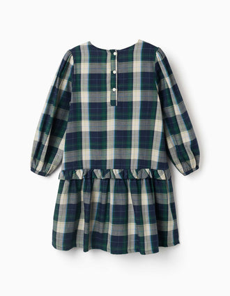 Robe en coton à carreaux avec plis B&S pour fille, bleu/vert/beige