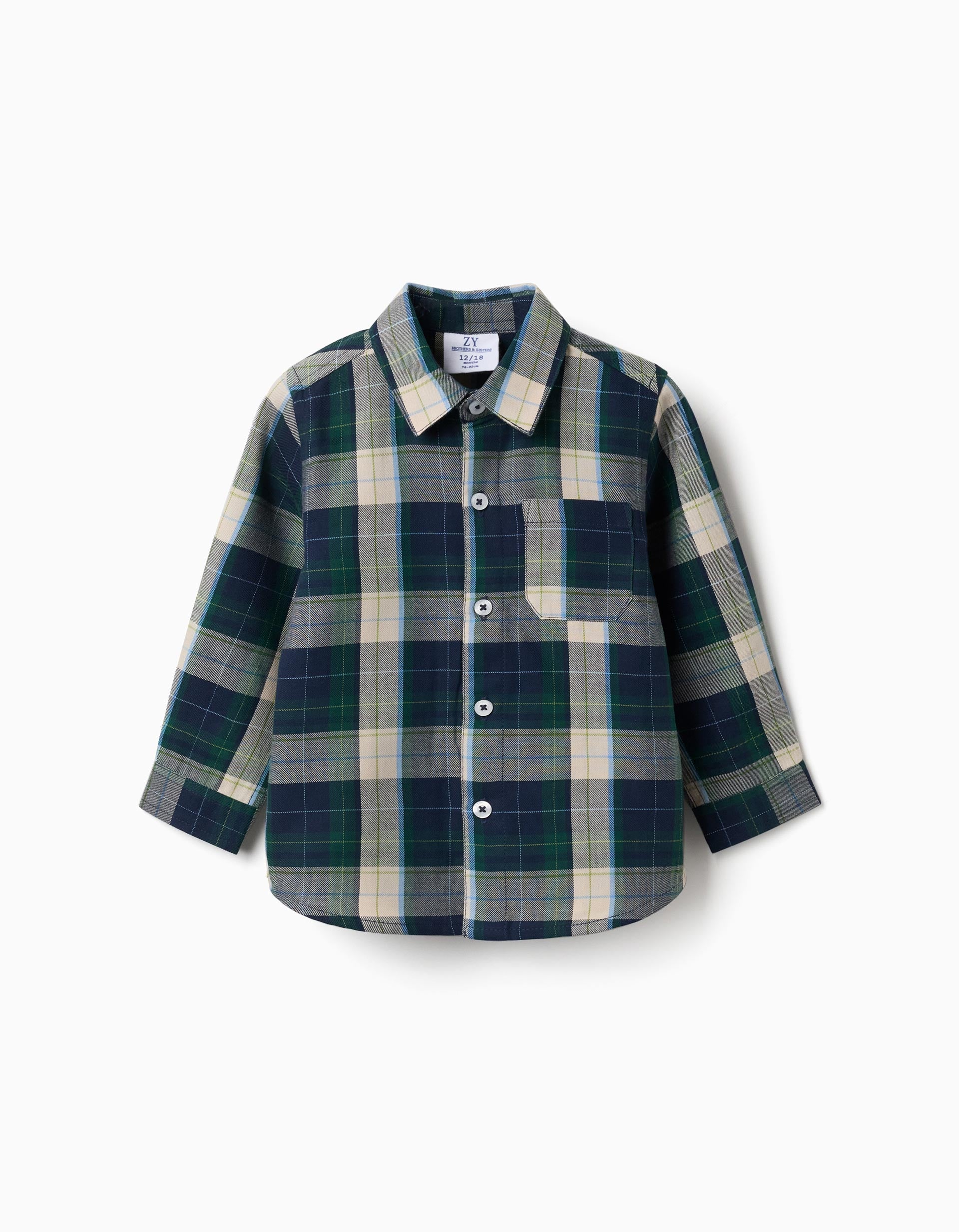 Long sleeve checked cotton shirt B&S for baby boys, blue/green/beige