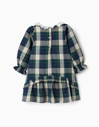 Robe en coton à carreaux à volants B&S pour bébé fille, bleu/vert/beige