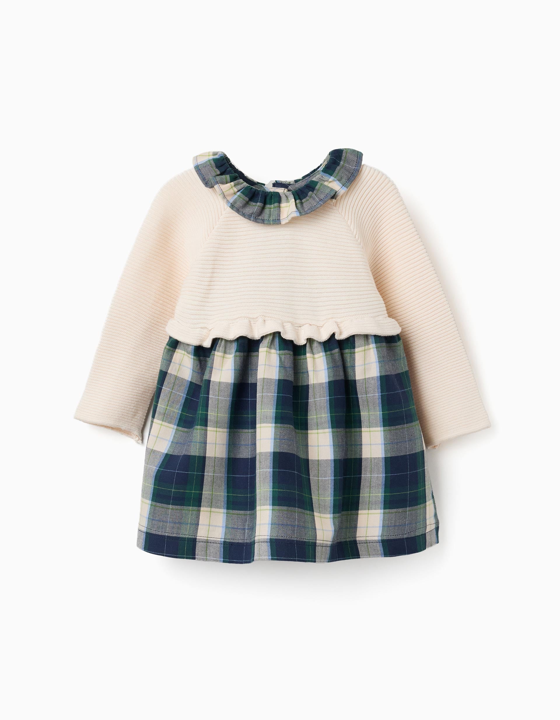 Robe bi-matière à carreaux B&S pour nouveau-née, bleu/vert/beige