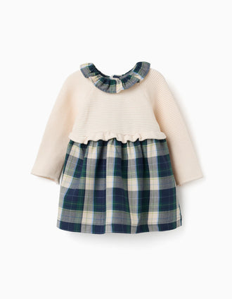 Robe bi-matière à carreaux B&S pour nouveau-née, bleu/vert/beige