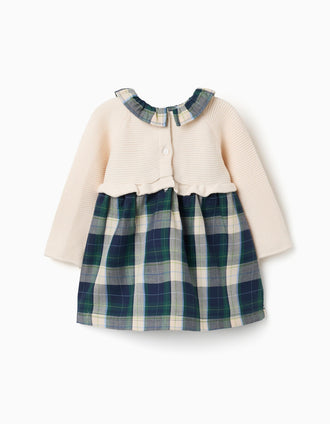 Robe bi-matière à carreaux B&S pour nouveau-née, bleu/vert/beige