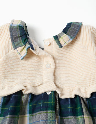 Robe bi-matière à carreaux B&S pour nouveau-née, bleu/vert/beige