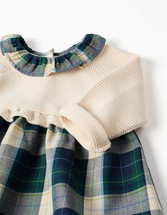 Robe bi-matière à carreaux B&S pour nouveau-née, bleu/vert/beige