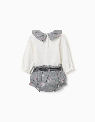 Cotton bodysuit and gingham bloomers for newborn girls, white/navy blue