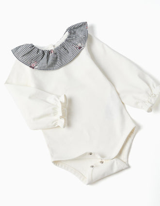 Cotton bodysuit and gingham bloomers for newborn girls, white/navy blue
