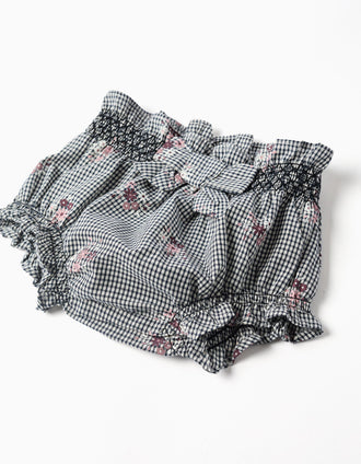 Cotton bodysuit and gingham bloomers for newborn girls, white/navy blue
