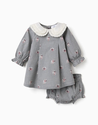 Cotton gingham dress with floral print for newborn girls, white/navy blue