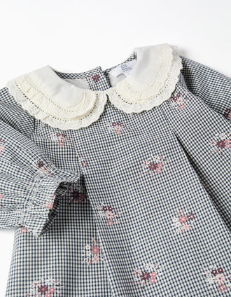 Cotton gingham dress with floral print for newborn girls, white/navy blue
