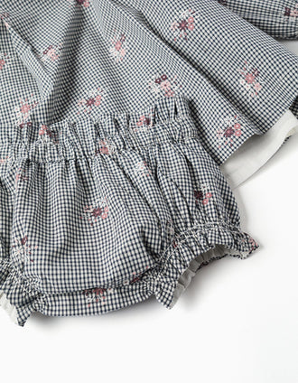 Cotton gingham dress with floral print for newborn girls, white/navy blue