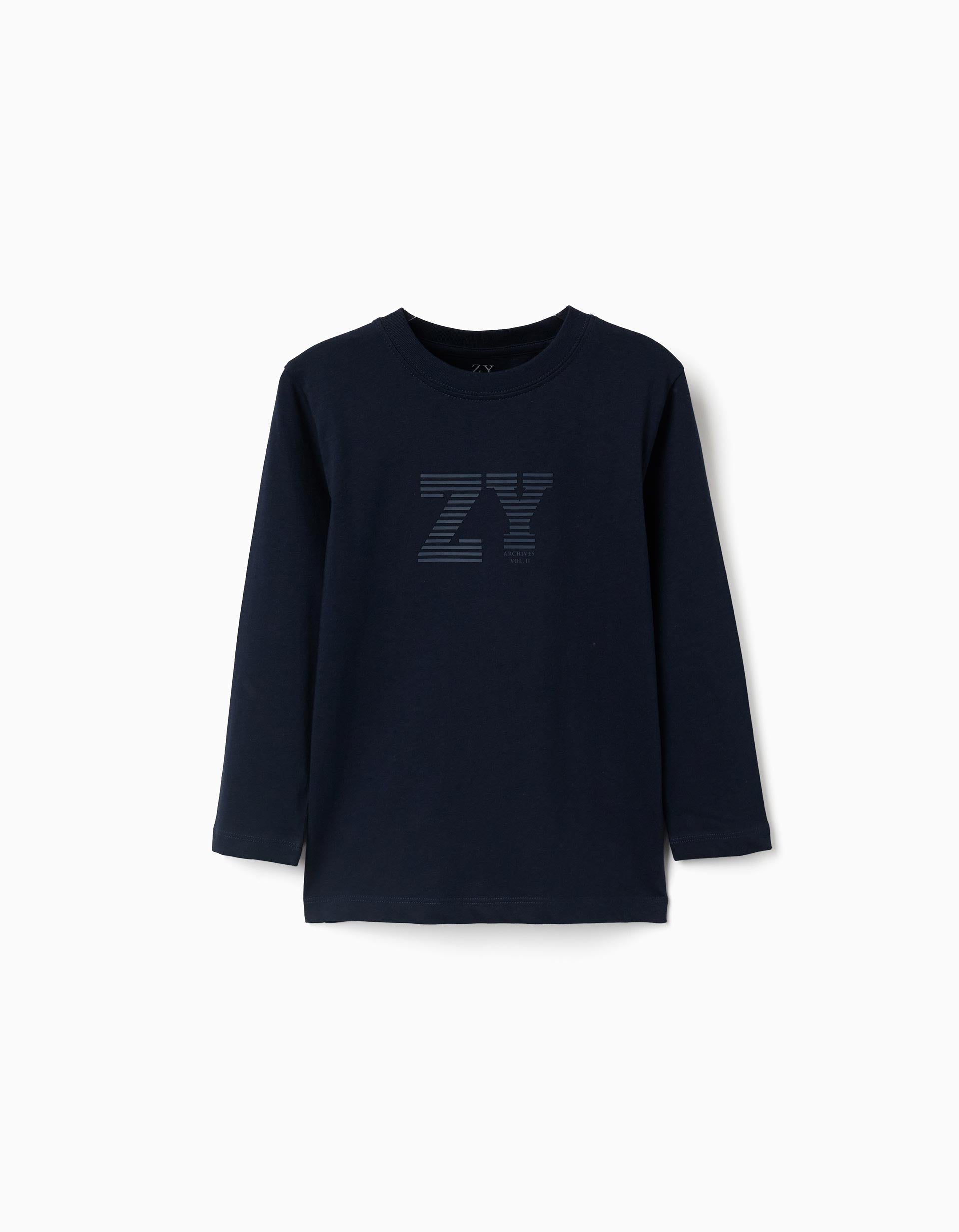 Long sleeve cotton T-shirt with ZY print for boys, navy blue