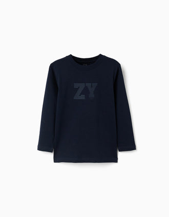 Long sleeve cotton T-shirt with ZY print for boys, navy blue