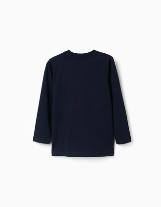 Long sleeve cotton T-shirt with ZY print for boys, navy blue