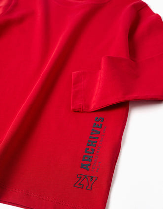 T-shirt en coton à manches longues et imprimé ZY pour garçon, rouge