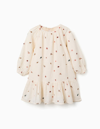 Vestido de manga larga de algodón con bordado floral para niña, blanco