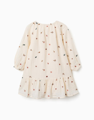 Vestido de manga larga de algodón con bordado floral para niña, blanco