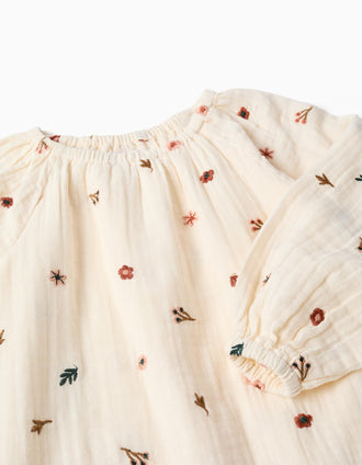 Vestido de manga larga de algodón con bordado floral para niña, blanco