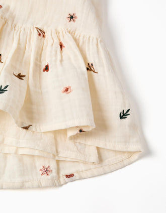 Vestido de manga larga de algodón con bordado floral para niña, blanco