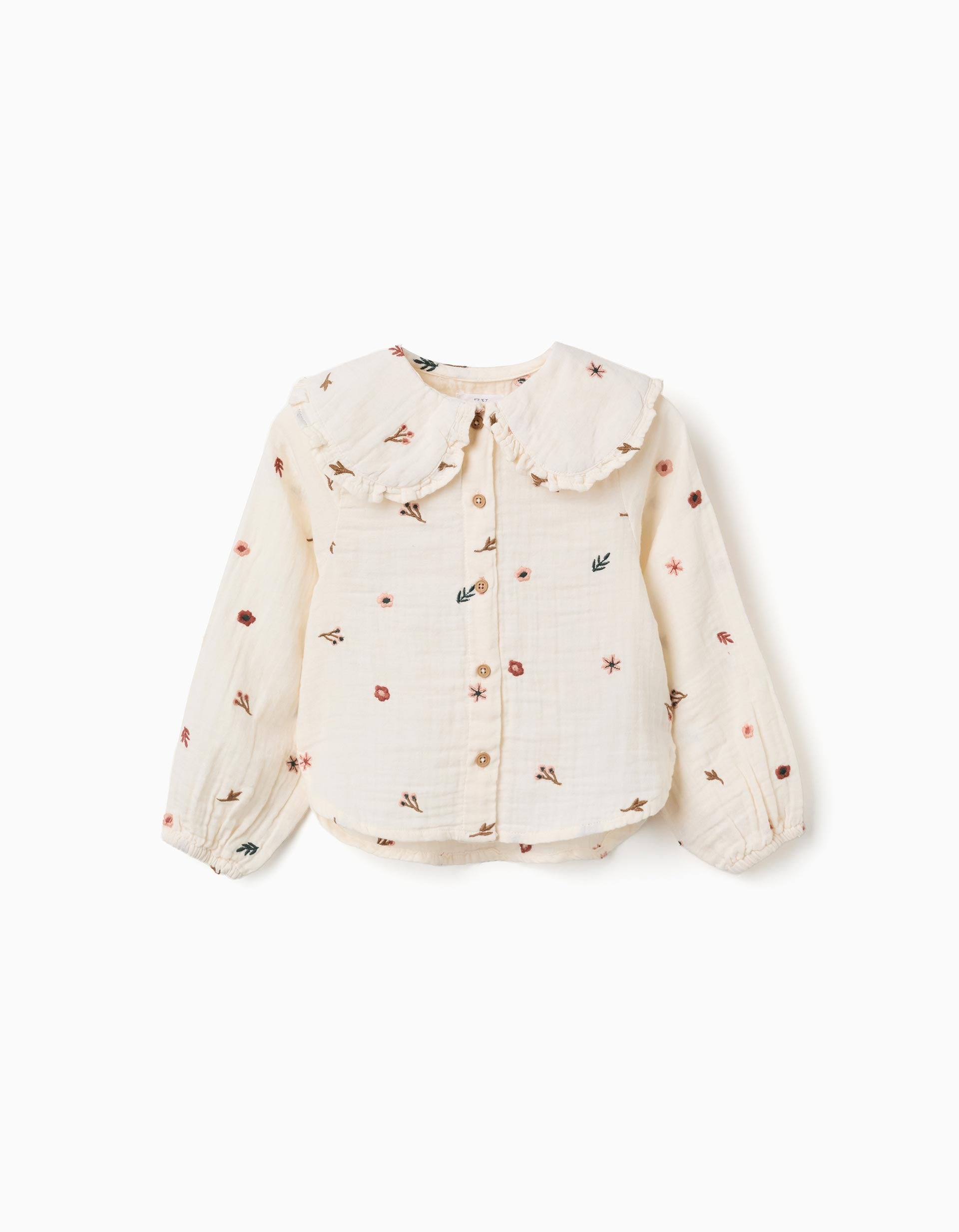 Blusa de manga comprida de algodão com flores para menina, branco