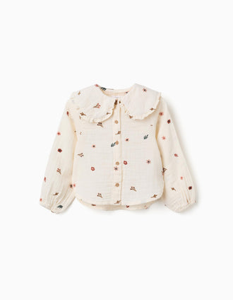 Blusa de manga comprida de algodão com flores para menina, branco