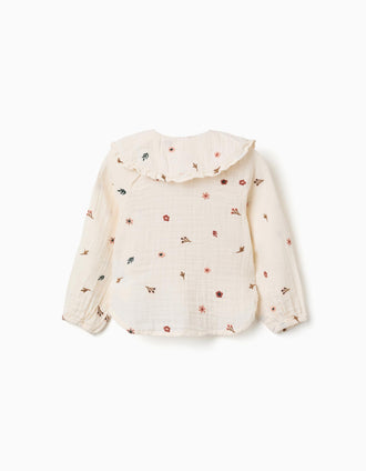 Blusa de manga comprida de algodão com flores para menina, branco