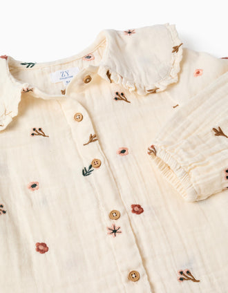 Blusa de manga comprida de algodão com flores para menina, branco
