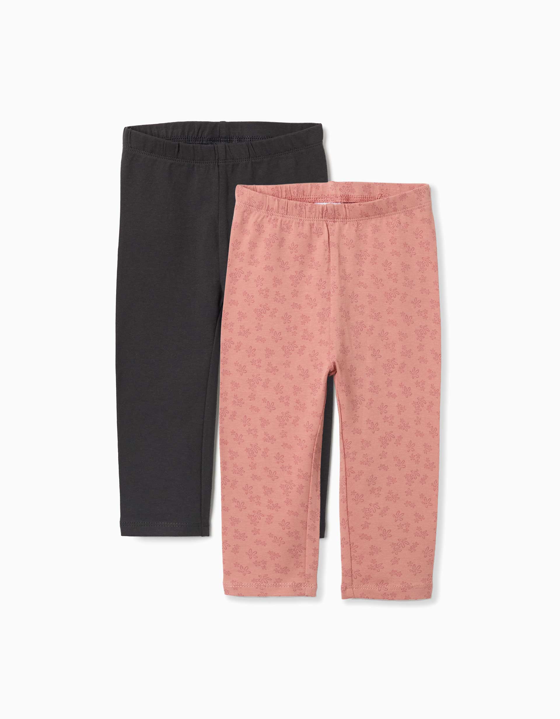 Lot de 2 leggings unis et imprimés pour bébé fille, gris foncé/rose