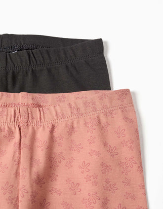Lot de 2 leggings unis et imprimés pour bébé fille, gris foncé/rose