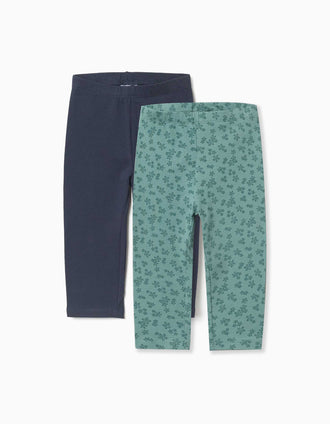 Lot de 2 leggings unis et imprimés pour bébé fille, bleu marine/vert