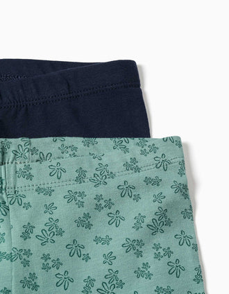 Lot de 2 leggings unis et imprimés pour bébé fille, bleu marine/vert