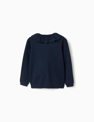 Gilet en maille avec col à volants pour fille, bleu marine