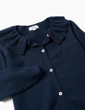 Gilet en maille avec col à volants pour fille, bleu marine