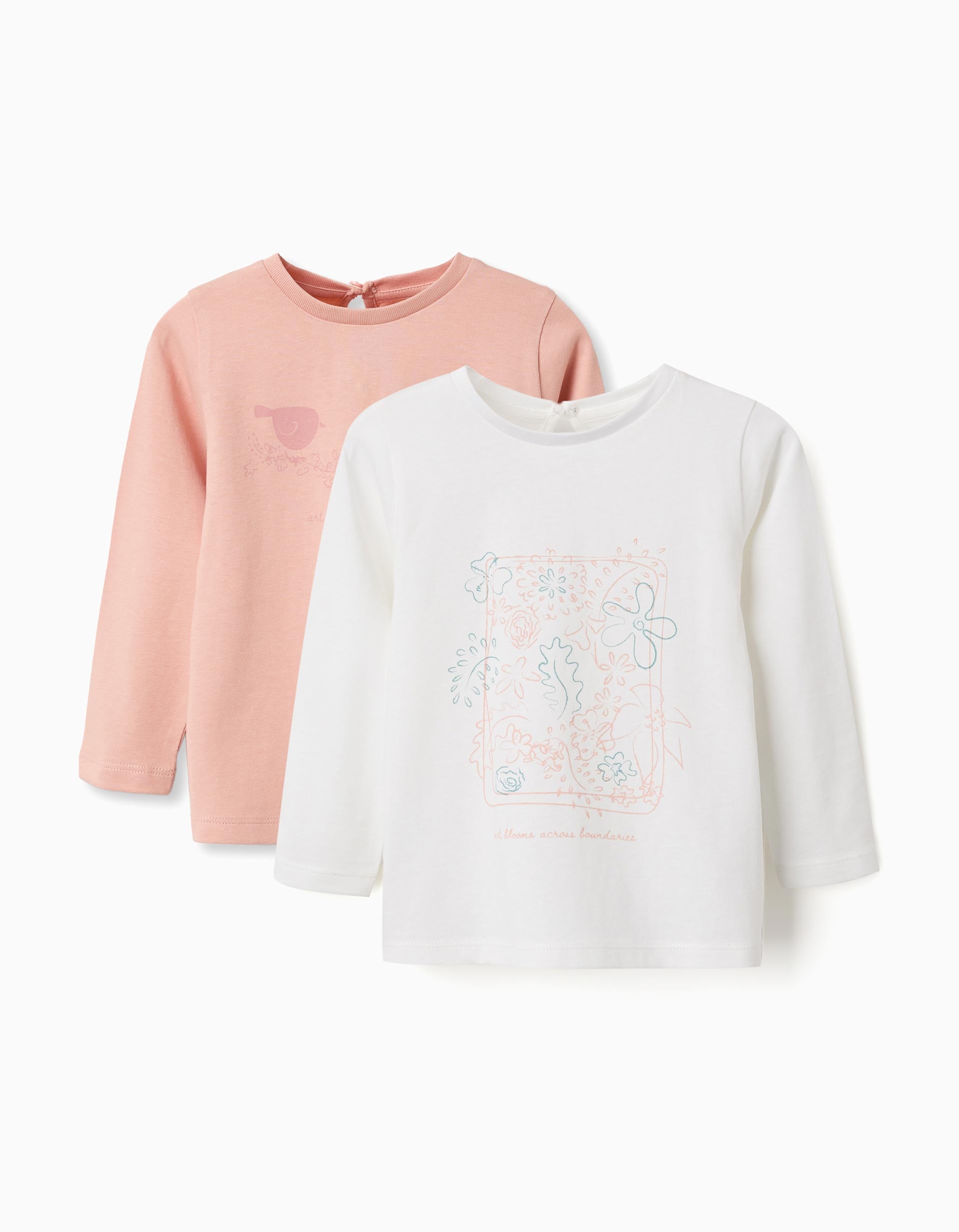 2 long sleeve T-shirts with art prints for baby girls, pink/white