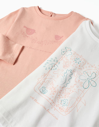 2 long sleeve T-shirts with art prints for baby girls, pink/white