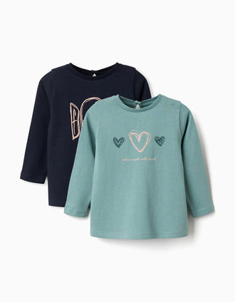 2 long sleeve T-shirts with art prints for baby girls, green/navy blue