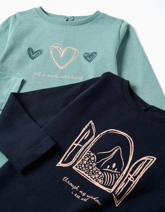 2 long sleeve T-shirts with art prints for baby girls, green/navy blue