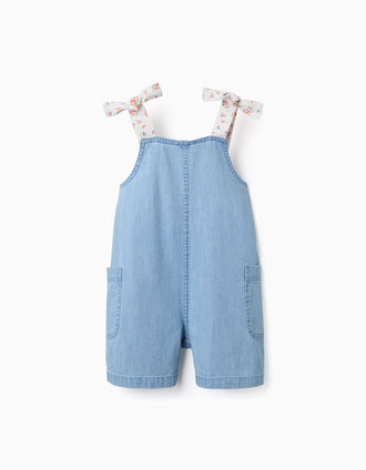 Combishort en jean avec bretelles à motif floral pour fille, bleu clair