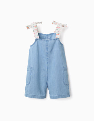 Combishort en jean avec bretelles à motif floral pour fille, bleu clair