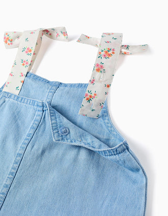 Combishort en jean avec bretelles à motif floral pour fille, bleu clair