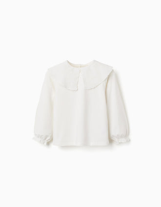 Camiseta de algodón con maxi cuello de bordado inglés para niña, blanco
