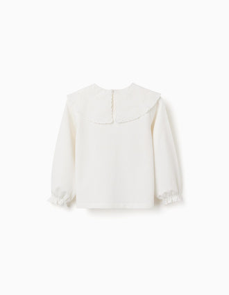 Camiseta de algodón con maxi cuello de bordado inglés para niña, blanco