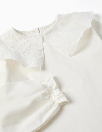 Cotton T-shirt with broderie anglaise maxi collar for girls, white