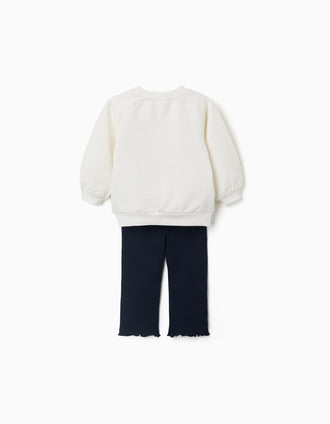 Conjunto de sweat e calças de algodão para bebé menina, branco/azul