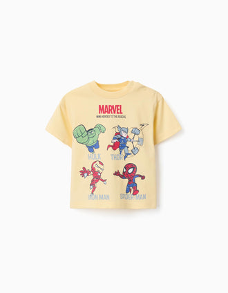 T-shirt en coton à imprimé Marvel Heroes pour bébé et garçon, jaune